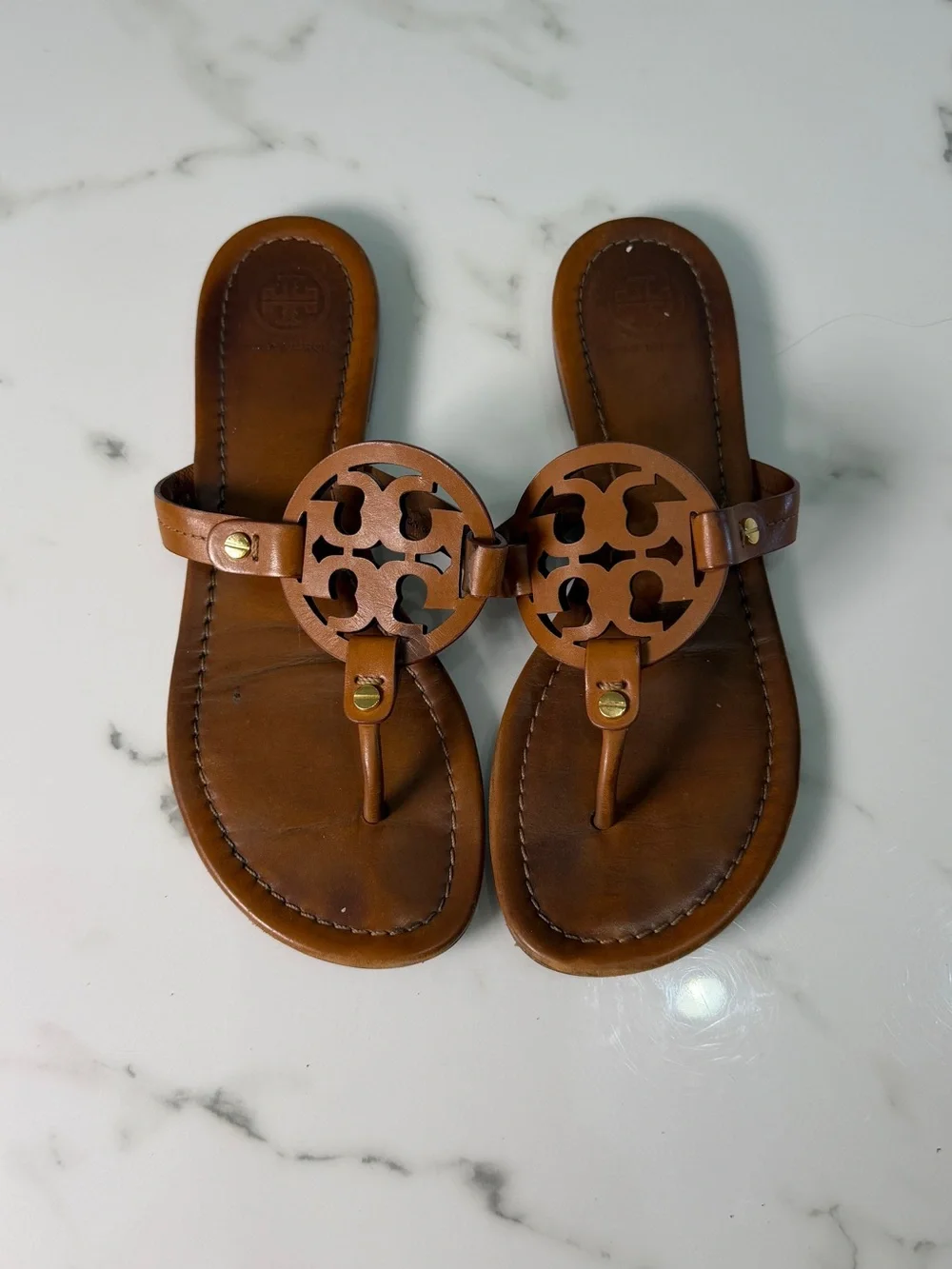 Tory Burch Miller Brown Leather Logo Sandals Women’s Size 7
